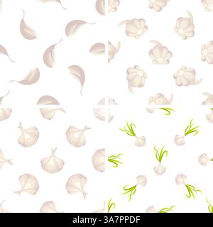 Nahtloses Muster mit Knoblauchzehen, Köpfen und grünen Sprossen, die verschiedene Wachstumsstadien zeigen Stock Vektor