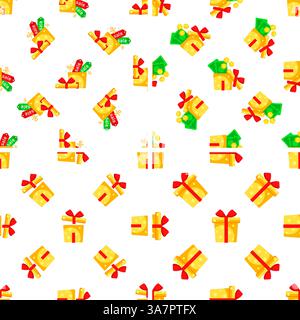 Nahtloses Muster mit Geschenkboxen, Geld- und Verkaufsetiketten, die Rabatte und Werbeaktionen vorschlagen Stock Vektor