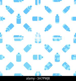 Nahtloses Muster mit Wasserflaschen aus Kunststoff, die auf weißem Hintergrund liegen und halbiert werden Stock Vektor