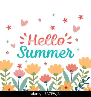Hallo Sommer Blumen Vektor Illustration mit Blumen und Herzen Stock Vektor