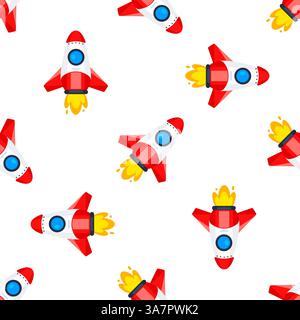 Nahtloses Muster mit rot-weißen Cartoon-Raketen, die ins All starten Stock Vektor