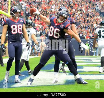 18. November 2012 – Houston, TX, USA – James Casey (86) von den Houston Texans feiert seinen Touchdown gegen die Jacksonville Jaguars in der ersten Spielhälfte am Sonntag, den 18. November 2012, in Houston, Texas. (Kreditbild: © George Bridges/MCT/ZUMAPRESS.com) Stockfoto