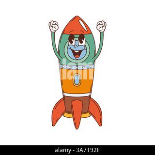 Die groovige Spielfigur für Kinder mit Space Rocket im Retro-Zeichentrickfilm ist ein glückliches Gesicht und hochgezogene Arme, die Spannung und Freude zum Ausdruck bringen. Isolierter Vektor fröhliches Shuttle, Stock Vektor