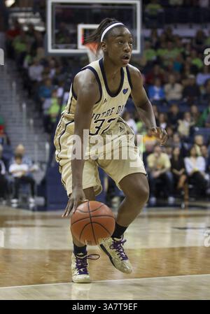 18. November 2012: South Bend, Indiana, Vereinigte Staaten von Amerika - 18. November 2012: Jewell Loyd (32) dribbelt den Ball während der NCAA Women's Basketball-Action zwischen den Notre Dame Fighting Irish und den Massachusetts Minutewomen im Purcell Pavilion im Joyce Center in South Bend, Indiana. Notre Dame besiegte Massachusetts 94–50. (Bild: © John Mersits/Cal Sport Media/ZUMAPRESS.com) Stockfoto