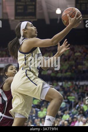 18. November 2012: South Bend, Indiana, Vereinigte Staaten von Amerika - 18. November 2012: Skylar Diggins (4) von Notre-Dame-Wachmann trifft sich während des NCAA Women's Basketball-Spiels zwischen den Notre Dame Fighting Irish und den Massachusetts Minutewomen im Purcell Pavilion im Joyce Center in South Bend, Indiana. Notre Dame besiegte Massachusetts 94–50. (Bild: © John Mersits/Cal Sport Media/ZUMAPRESS.com) Stockfoto