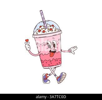 Cartoon groovige Erdbeere Milchshake Dessert Charakter mit Schlagsahne, gestreiftem Stroh und Kuppeldeckel. Isolierter Vektor fröhliche Tasse Retro-Persönlichkeit W Stock Vektor