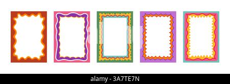 y2k-Rahmen mit Farbmuscheln, groovige, wellenförmige Ränder. Retro funky Vektor Set von rechteckigen Vorlagen mit gewellten Kanten in leuchtenden Farben von Grün, Lila, Yello Stock Vektor
