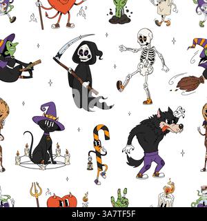 Cartoon-groovige Halloween-Charaktere nahtloses Muster. Gruseliger und skurriler Sensenmann, Skelett, Werwolf, Hexenkatze, Teufelsherz und Zuckerrohr. Zombie Stock Vektor