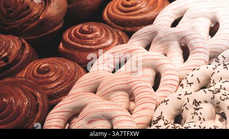Eine Reihe Gebäck mit einem weißen Streifen drauf. Die Gebäckstücke sind nacheinander angeordnet und umfassen Zimtrollen, Donuts und Waffelkekse Stockfoto