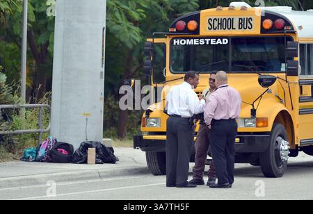 20. November 2012 - Homestead, FL, USA - Polizeiermittler stehen vor einem Schulbus, nachdem sie ein 13-jähriges Mädchen vor ihrer jüngeren Schwester und sieben anderen Kindern in einem Schulbus erschossen haben. Dienstag Morgen, den 20. November 2012, in Homestead, Florida. (Kreditbild: © Gaston de Cardenas/MCT/ZUMAPRESS.com) Stockfoto