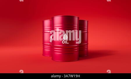 Drei rote Metallölfässer auf rotem Hintergrund. Vorderansicht. Konzept der Ölindustrie. 3D-Rendering-Abbildung Stockfoto
