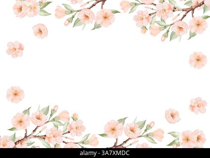 Pfirsich- oder Kirschblüten, horizontaler quadratischer Rahmen. Frühlingsblühende Äste. Kartenvorlage. Handgezeichnete Aquarellillustration auf weißem Hintergrund Stockfoto