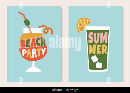 Sommerparty Grußkarten, Einladungen. Cocktail Drinks Gläser mit Schrifttext isoliert auf blauem Hintergrund. Geburtstagsfeier. Retro Stock Vektor