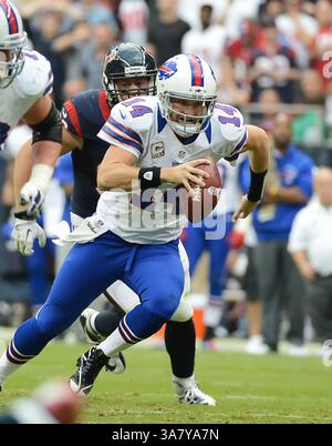 4. November 2012: Houston, TX, USA - Ryan Fitzpatrick (14) von den Buffalo Bills kämpft in der ersten Hälfte ihres Spiels am Sonntag, 4. November 2012, in Houston, Texas gegen die Houston Texans. (Kreditbild: © George Bridges/MCT/ZUMAPRESS.com) Stockfoto