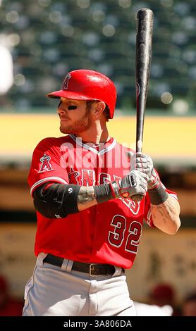 1. Mai 2013: Oakland, KALIFORNIEN, Vereinigte Staaten von Amerika - 01. Mai 2013: Der Outfield der Los Angeles Angels Josh Hamilton während eines Spiels in der Major League Baseball gegen die Athletics im O.Co Coliseum in Oakland, KALIFORNIEN. (Kreditbild: © Daniel Gluskoter/icon SMI/Cal Sport Media/ZUMAPRESS.com) Stockfoto