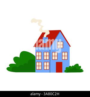 Farbenfrohes Haus mit Kamin und Rauch umgeben von Grün in einer Zeichentrickfigur Stock Vektor