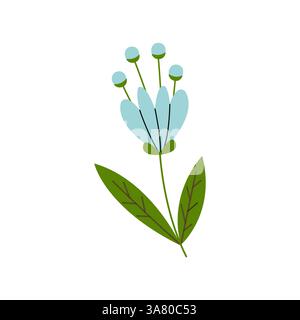 Bunte Illustration einer blauen Blume mit grünen Blättern in einem einfachen Stil Stock Vektor
