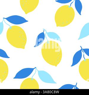 Nahtloses Muster mit Zitronenfrüchten und Zweigen. Vektorillustration in zeitgenössischem minimalistischem Stil. Stock Vektor