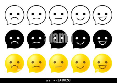 Sprachblasen-Emoticons. Unterschiedliche emotionale Ausdrücke. Mehrere Farbvarianten. Vektor-Emoticon-Sammlung. Stock Vektor