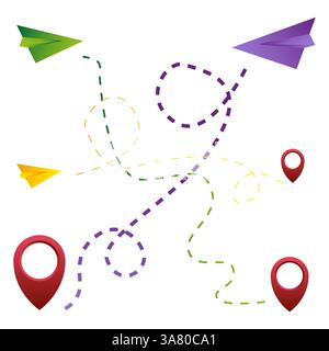 Papierflugzeuge fliegen. Gestrichelte Flugwege. Positionsstifte für die Fahrbewegung. Vektorluftwege. Stock Vektor