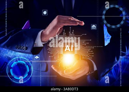 Künstliche Intelligenz. Geschäftsmann mit virtuellem Leiterplattenmuster mit KI-Abkürzung auf dunkelblauem Hintergrund, Nahaufnahme Stockfoto