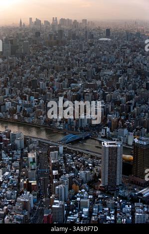 Panoramablick auf die endlose Zersiedelung der Metropolstadt Tokio vom Gipfel des Tokio Skytree in Sumida Ward, Tokio, Japan. Stockfoto