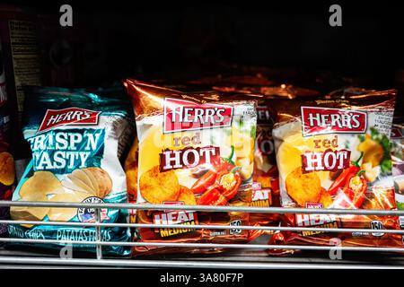 Lviv, Ukraine - 25. März 2025: Sortierte Herren-Chips-Taschen mit verschiedenen Geschmacksrichtungen, die ordentlich in einem Lebensmittelregal gelagert sind. Stockfoto