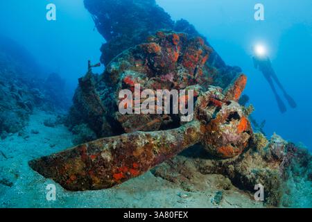 Das Val Bomber Plane Wrack befindet sich am Fuße des APRA Harbor, Guam, Mikronesien, Marianen Inseln und Philippinische See. Val war die alliierte Bezeichnung für Th Stockfoto