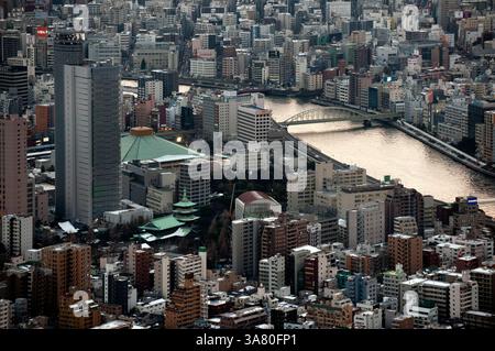 Panoramablick auf die endlose Zersiedelung der Metropolstadt Tokio vom Gipfel des Tokio Skytree in Sumida Ward, Tokio, Japan. Stockfoto