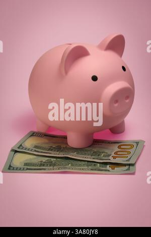 Nahaufnahme einer rosa Schweinebank mit 100-Dollar-Scheinen. Stockfoto
