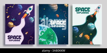 Clipart-Set zur Erforschung des Weltraums. Solarsystem erforscht Wissenschaft und zeichnet Clip Art Sammlung mit Raketenstart, Planeten, Sternen und Satelliten Stock Vektor