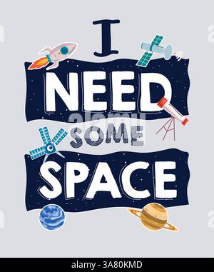 Clipart mit T-Shirt-Print im Weltraum. Kleidung bedruckbare Hemd Clip Art der Weltraum Grafik T-Stück Druck Mode aktive Abnutzung Design Vektor Illustration. Stock Vektor