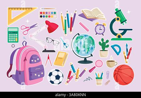 Clipart-Set für Schulelemente. Back to School pädagogische Umrisse Clip Art Sammlung für Schreibwaren, Zeichen und Symbol Zeichnung Symbole Vektor Stock Vektor