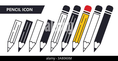 Bleistiftsymbole umreißen den Clipart-Satz. Schulstift Silhouette Icon Clip Art für pädagogische Schreibzubehör, Zeichnung und Bürowerkzeug Sammlung Vektor Stock Vektor