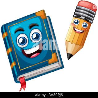 Vektor-Illustration eines lächelnden Buchs und Bleistifts mit ausdrucksstarken Gesichtern, mit lebendigen Farben und verspieltem Design Stock Vektor