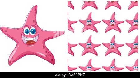 Eine lebendige Vektor-Illustration mit einem lächelnden rosa Seestern in einem nahtlosen Muster. Ideal für verspielte Designs und Kindermotive Stock Vektor