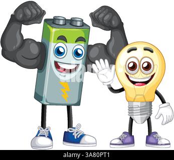 Verspielte Vektor-Illustration einer muskulösen Batterie und fröhlichen Glühbirnencharakter. Lebendige Farben und dynamische Komposition sorgen für eine lebendige Szene Stock Vektor