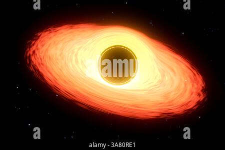 Abbildung eines schwarzen Lochs mit einer Akkretionsscheibe im Weltraum, leuchtend in hellen Farben. Stockfoto