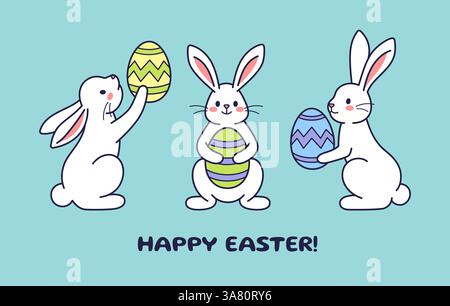 Osterhasen, Kaninchen, Hasen mit bemalten Eiern. Flache Vektorkonstruktion, Umrissdarstellung. Osterfigur, Maskottchen, Aufkleber. Grußkarte, Postkarte, Happy Easter Konzept Stock Vektor