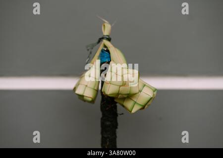 Nahaufnahme von Ketupat; ein traditioneller Reiskuchen in gewebten Palmblättern. Dieses dekorative Arrangement zeigt kulturelle Kunst und ist ideal für Konditoren Stockfoto