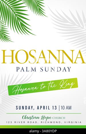 Palm Sunday, Hosanna - Webbanner der christlichen Kirche. Kreatives Poster mit Palmenzweigen und Text für den Gottesdienst in der Karwoche. Vektorillustra Stock Vektor