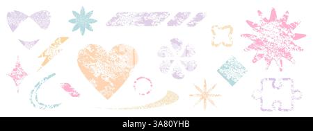 Strukturierte Stempel in Pastellfarben - Herzen, Blumen, Sterne, Blitze und abstrakte Formen. Retro-Designelemente mit Rauscheffekt und verstörter Textur. Trendiger y2k-Stil Vektor. Stock Vektor