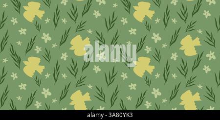 Boho-organisches Muster mit gelben fliegenden Vögeln, dunkelgrünen Blättern und hellen Blumen. Natürliche Silhouetten, die sich mit dem Schnitt wiederholen. Minimalistischer Ausschnitt mit nahtloser Oberfläche. Waldmuster. Stock Vektor