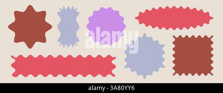 Farbrandrahmen mit Raupenrand isoliert auf weißem Hintergrund. Vektor-realistische Illustration von runden, quadratischen, sternförmigen Kästen mit gewellten Rändern, leeren gewellten Stempeletiketten, gezacktem Verkaufsabzeichen Stock Vektor