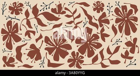 Blumenelemente im Boho-Stil – handgezeichnete organische Formen, Blätter, Blütenblätter schneiden Silhouetten hervor. Trendige abstrakte Blumenillustrationen, von der Natur inspirierte Vektor-Design-Elemente Set. Braune botanische Ornamente Stock Vektor