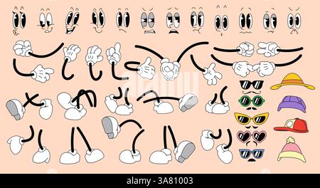 Retro-Cartoon-Stil Hände in Handschuhen, Beine in Schuhen, Gesichts-Emotionen und Accessoires-Kollektion - skizzieren Kunstillustrationen von ausdrucksstarken Körperteilen für Marionettenanimation. Schwarze Linie einfache Zeichnungen... Stock Vektor