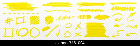 Markierungskonturen markieren: Handgezeichnete gelbe dünne und dicke Linien, Kreise, Rechtecke, Unterstreichungen und Häkchen. Stifte mit Filzstiften für Korrektur, Hervorhebung und Auswahl. Stock Vektor