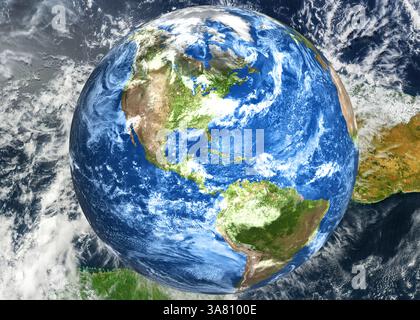 Eine Satellitenansicht der Erde mit einem überlagerten Bild der Erde, das Afrika, Europa und Asien hervorhebt. 3D-gerenderte Abbildung. Elemente davon Stockfoto