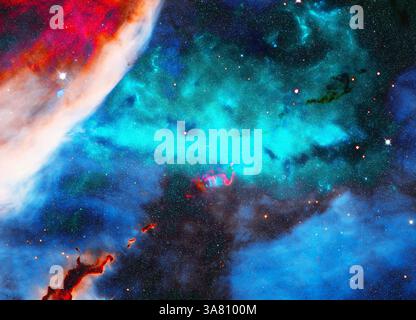 Ein kosmisches Bild mit Planeten, Sternen und Nebeln. Science-Fiction-Hintergrund. Elemente dieses Bildes wurden von der NASA bereitgestellt. Stockfoto