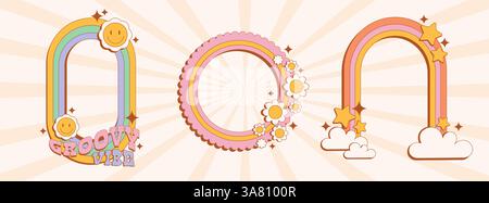 Groovige Borten mit Smiley-Gesicht, Sternen, Blumen. Psychedelische Retro-Rahmen im Kreis, Regenbogenbogen mit Wolken und abgerundeter Rechteckform. Funky, dekorativ, farbenfroh gemustert. Stock Vektor